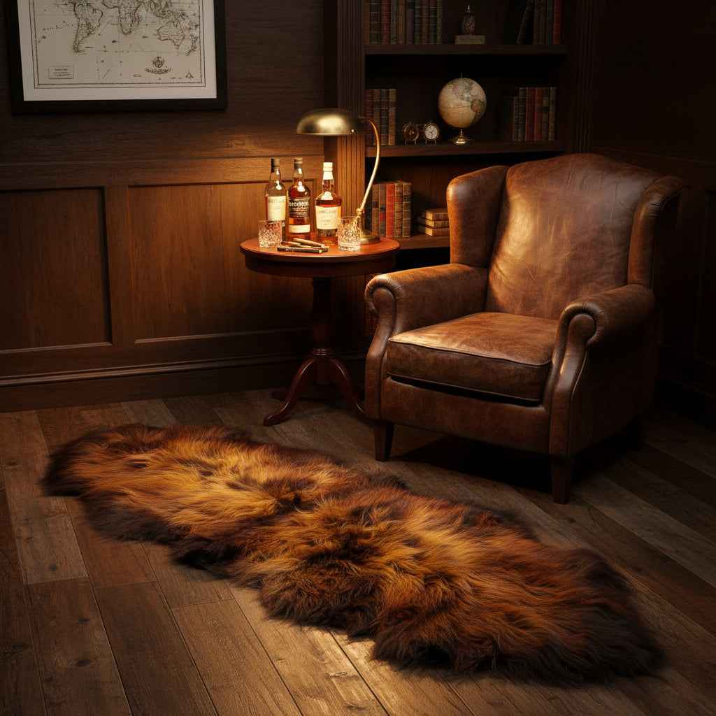 Island Schaffell Teppich Schwarz Goldbraun | Läufer | Größe: 200x80cm | Model: Schwarzes Feuer - FellHaus