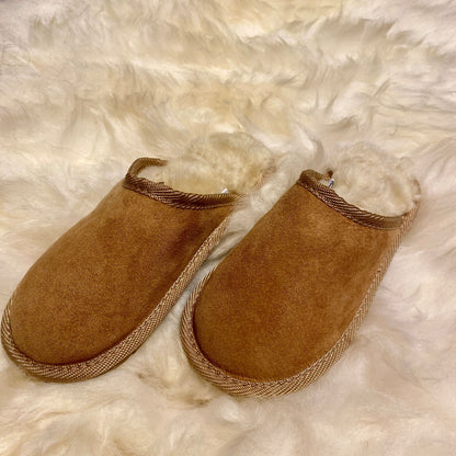 Hausschuhe Leder beige Lammfell weiß