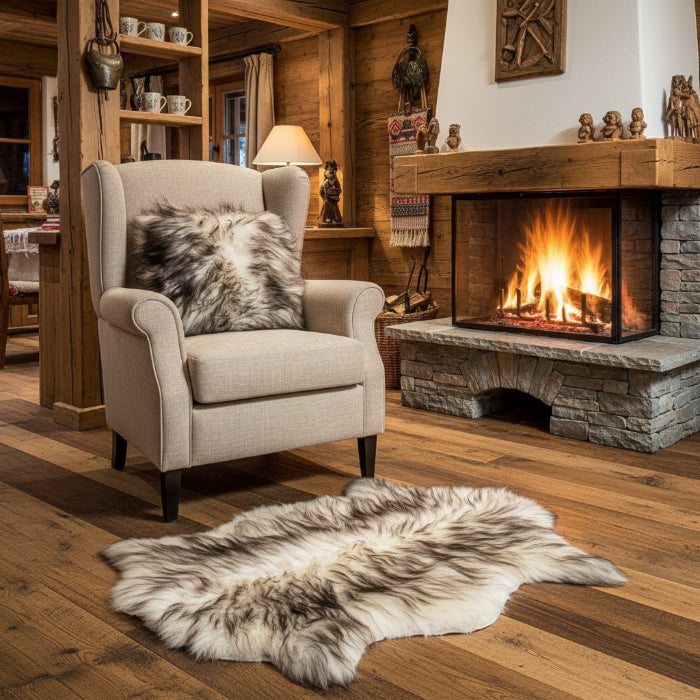 Schaffell Kissen 50x50cm weiß mit schwarzen spitzen