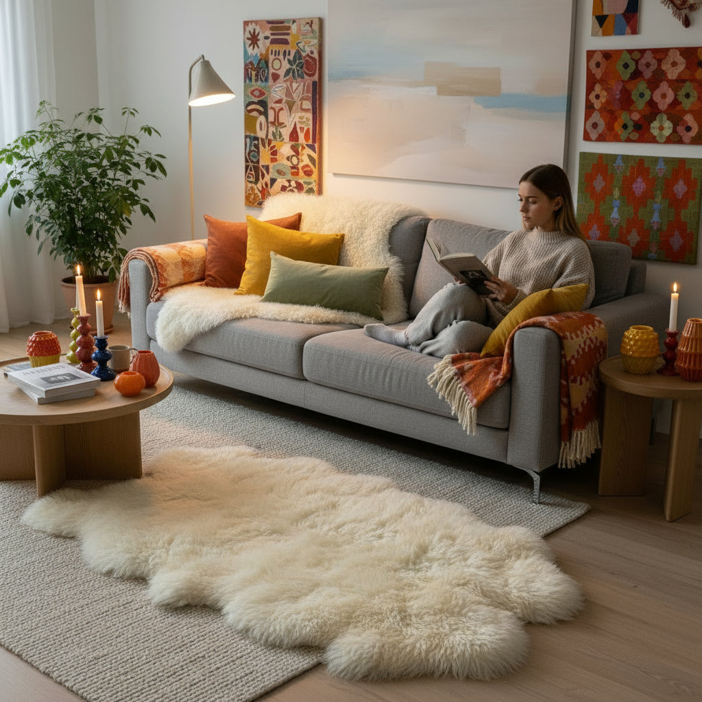 Schaffell Teppich aus 4 Felllen weiß