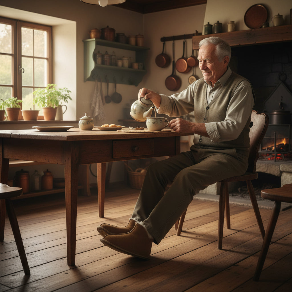 Hausschuhe Stiefel Leder beige Lammfell weiß