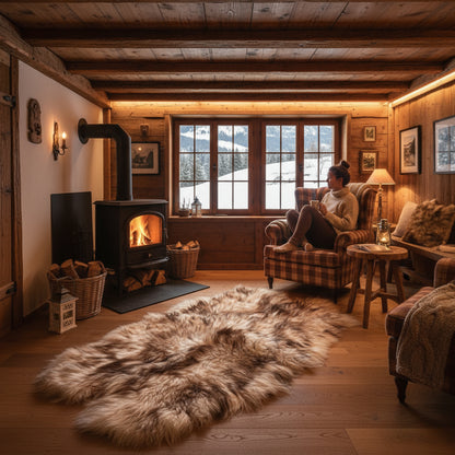 Island Schaffell Teppich aus 4 Fellen Weiß mit braunen Spitzen