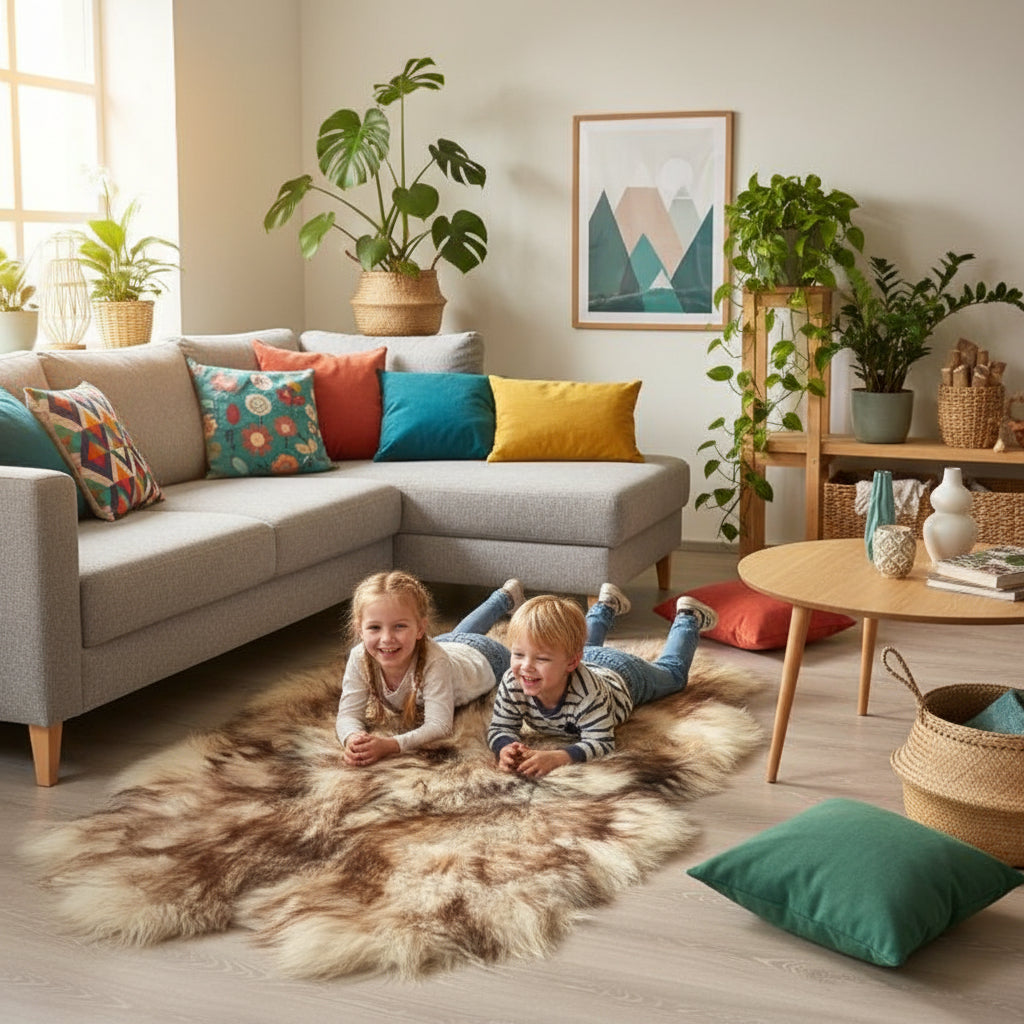 Island Schaffell Teppich aus 4 Fellen Weiß mit braunen Spitzen