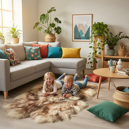 Island Schaffell Teppich aus 4 Fellen Weiß mit braunen Spitzen