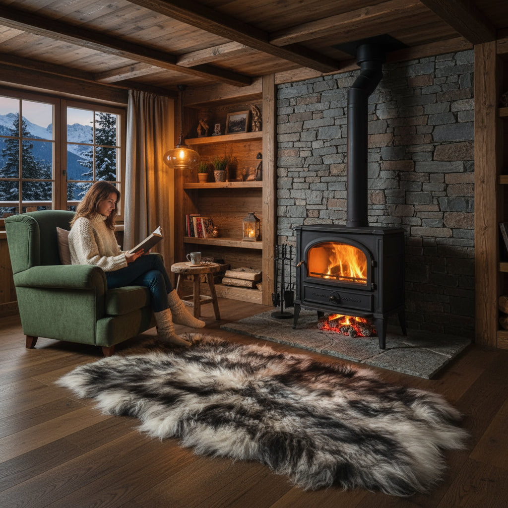 Island Schaffell Teppich aus 4 Fellen Weiß mit schwarzen Spitzen